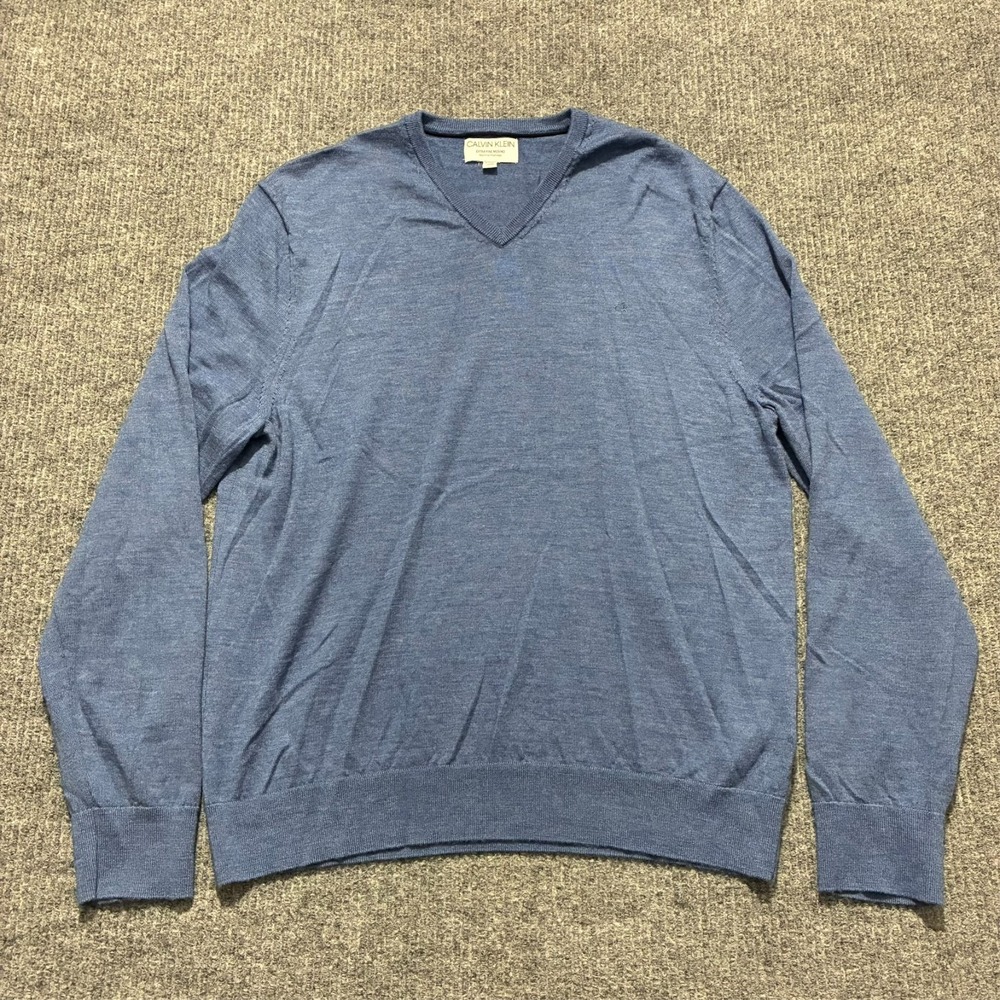 Calvin Klein Mens Extra Fine Merino Wool Sweater Size XL Blue V-neck Long Sleeve